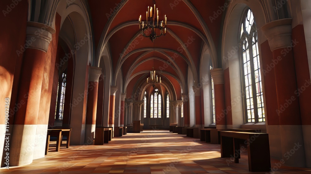 Fototapeta premium Sunlit Gothic cathedral hallway