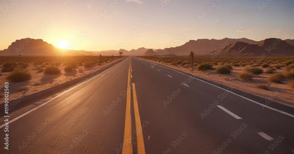 Fototapeta premium Desert highway stretching into the distance at golden hour, sandy terrain, rugged mountains