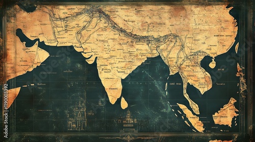 Vintage Asian map, aged paper, detail, exploration, background, travel