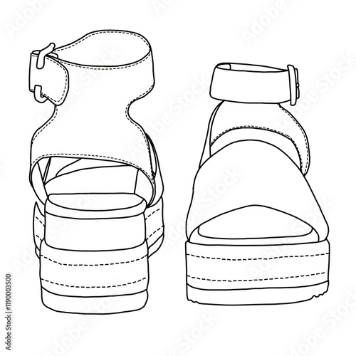 Women's Open Toe Buckle Ankle Strap Espadrilles Platform line art, Technical sketch hand drawing outline vector doodle front and rear view isolated on white background for coloring page