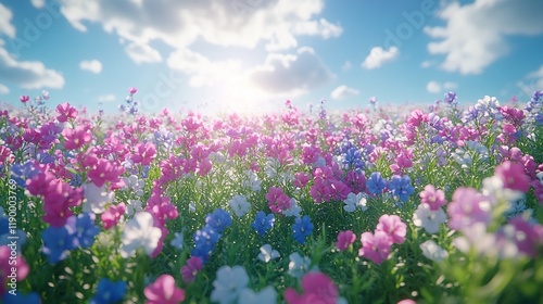 Colorful wildflowers bloom in sunny field. Spring nature background