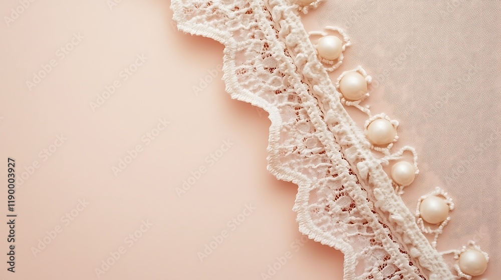 Delicate Lace Trim Adorned With Pearls On Peach Fabric Delicate Lace Trim Adorned With Pearls On Peach Fabric