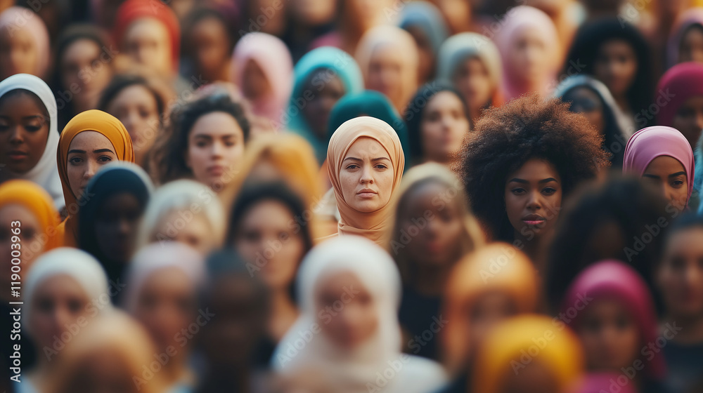 Obraz premium A backdrop of a crowd of diverse women, all blurred into a sea of colors and faces