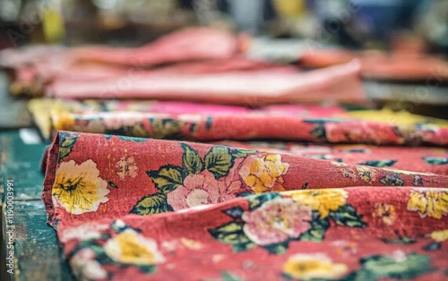 Wallpaper Mural Close-up of vibrant floral fabric draped elegantly on a rustic surface. A beautiful display of textile artistry. Torontodigital.ca