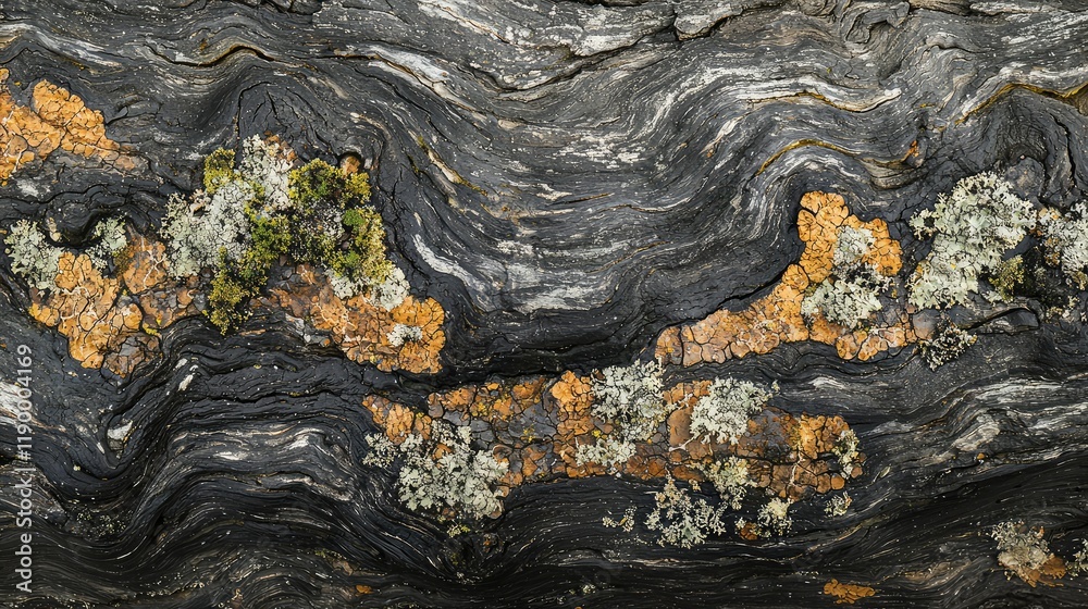 Abstract Patterns of Gray and Orange Lichen on Dark Bark Surface Abstract Patterns of Gray and Orange Lichen on Dark Bark Surface