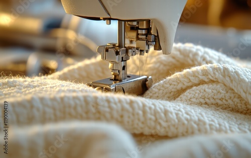 Close-up of a sewing machine's presser foot meticulously stitching creamy, soft knit fabric. A moment of craftsmanship.