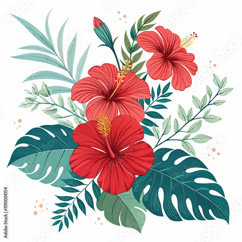 Red-hibiscus-flowers-in-a-tropical-elements-graphi