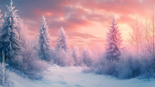 A magical winter landscape at Christmas time creates a panoramic banner background. photo