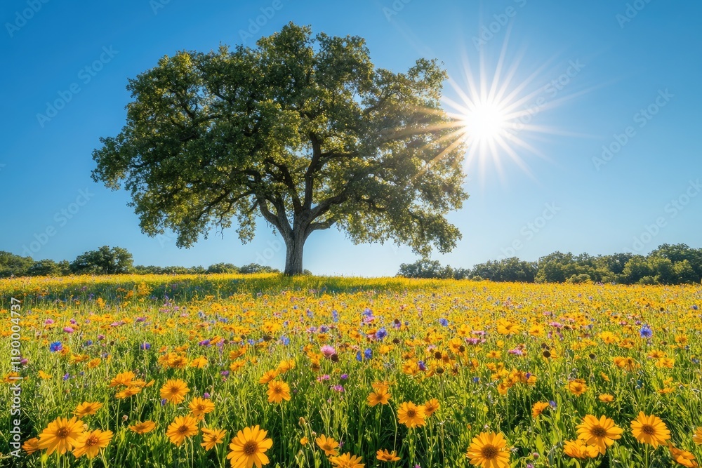 Lone oak tree standing in wildflower meadow on sunny day Lone oak tree standing in wildflower meadow on sunny day