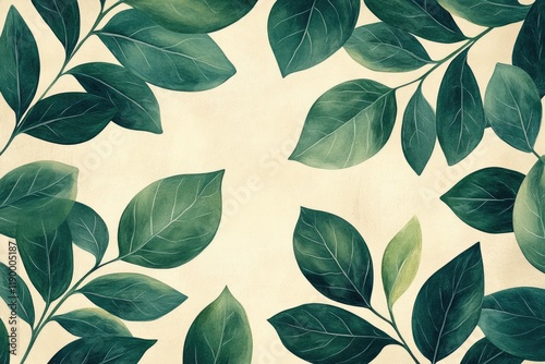 Wallpaper Mural Green leaves branches bordering a cream background creating negative space Torontodigital.ca
