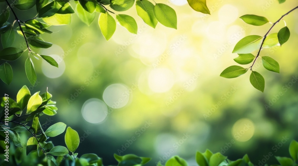 Soft Green Leaves with Blurred Background and Gentle Sunlight Effects Soft Green Leaves with Blurred Background and Gentle Sunlight Effects