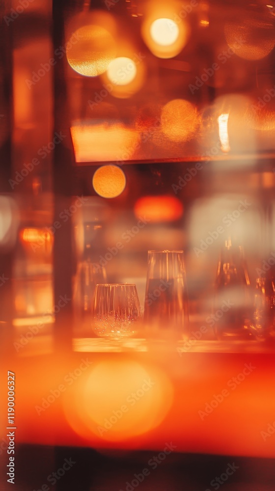 Fototapeta premium Soft Glowing Lights Reflected in Glassware on a Bar Counter