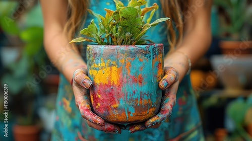Child's hands holding a colorful painted plant pot.