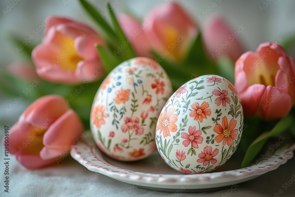 Easter eggs with floral motifs resting on plate near pink tulips Easter eggs with floral motifs resting on plate near pink tulips