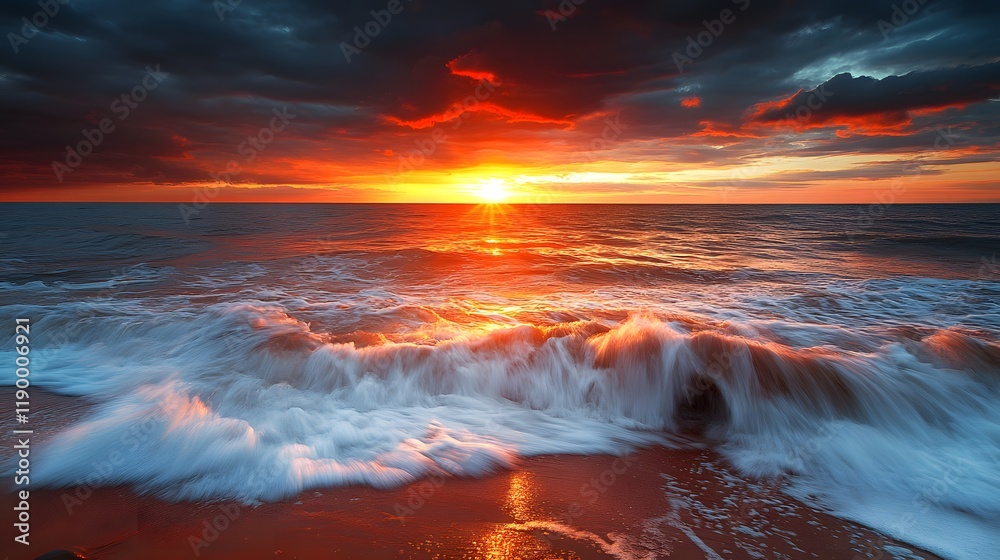 Fototapeta premium A breathtaking sunset over the ocean with vibrant colors and crashing waves.