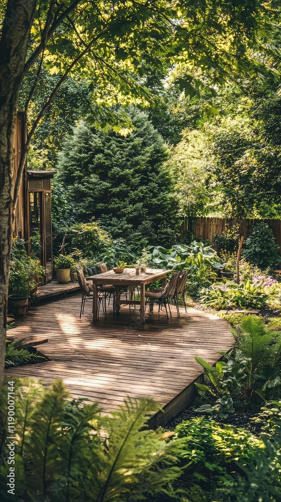 Serene Outdoor Dining Space Surrounded by Lush Greenery and Trees Serene Outdoor Dining Space Surrounded by Lush Greenery and Trees