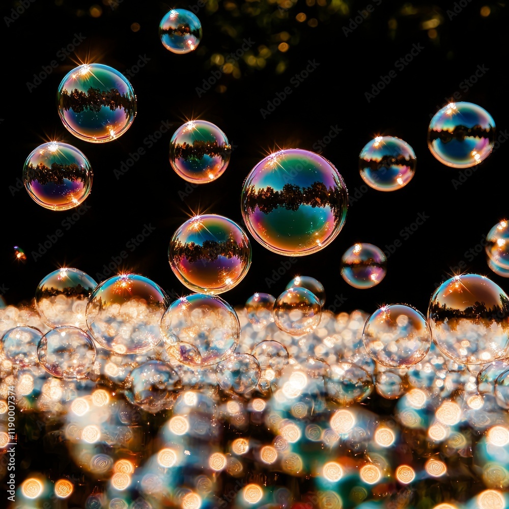 Naklejka premium Sparkling Rainbow Soap Bubbles Shimmering Colorful Reflecting Nature Light Backgroun