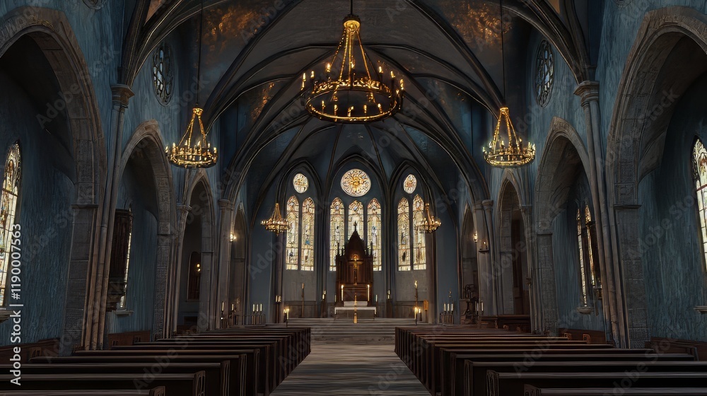 Fototapeta premium Grand Gothic church interior, serene.