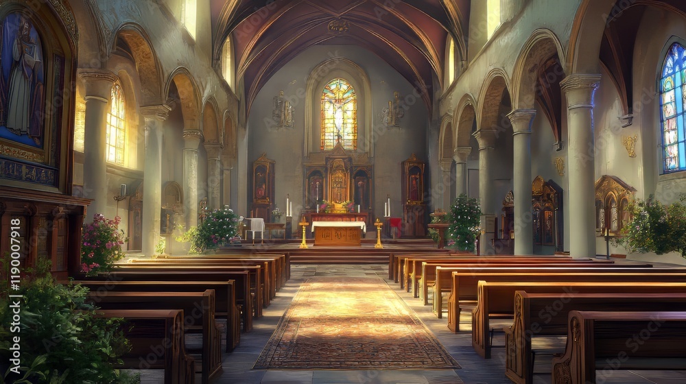 Fototapeta premium Serene church interior bathed in sunlight