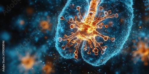 Holographic Lung with Floating Virus Particles, Blue Theme, Representing Respiratory Health and Virus Impact.