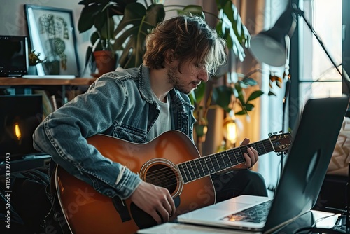 Caucasian Man During Online Concert at Home Isolated and Quarantined Performance