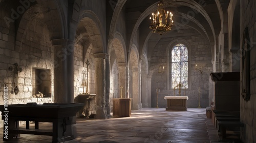 Serene stone chapel interior scene