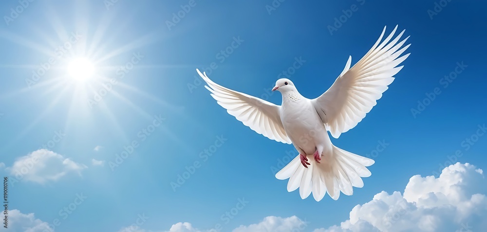 White Dove Soaring In Sunny Blue Sky White Dove Soaring In Sunny Blue Sky