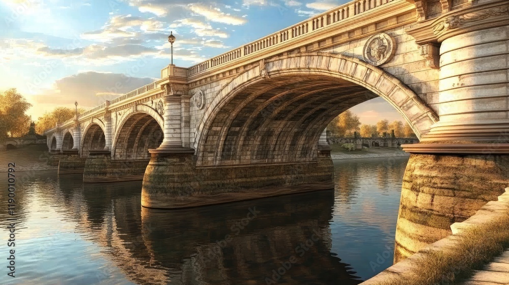 Historic Stone Bridge Spanning Serene River at Golden Sunset - Travel & Architecture Historic Stone Bridge Spanning Serene River at Golden Sunset - Travel & Architecture