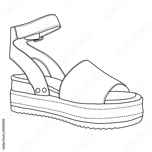 Women's Open Toe Buckle Ankle Strap Espadrilles Platform line art, Technical sketch hand drawing outline vector doodle side view isolated on white background for coloring page