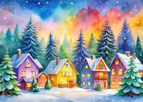 Charming Snowy Village Watercolor Painting - Cozy Winter Houses, Pine Trees, Snowfall photo