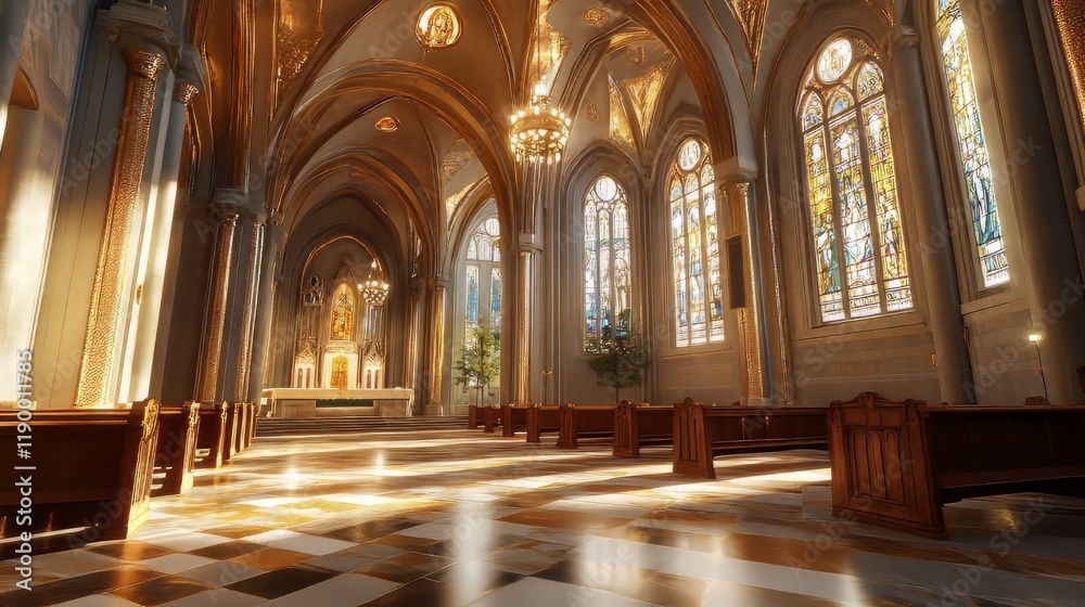 Obraz premium Sunlit church interior with stained glass