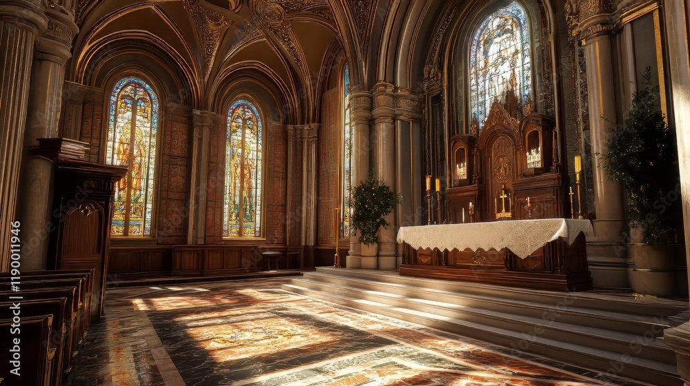 Fototapeta premium Sunlit Chapel Interior with Altar