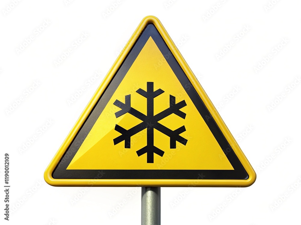 Cold Warning Sign, Yellow Black Triangle, Temperature Drop Alert, Safety Sign, Isolated White Background Cold Warning Sign, Yellow Black Triangle, Temperature Drop Alert, Safety Sign, Isolated White Background