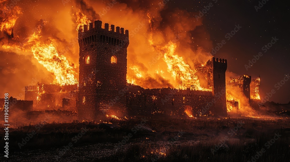 Fototapeta premium Fiery Castle Under Night Sky with Fiery Flames and Smoke