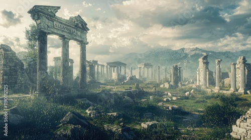 Ancient Ruins with Pillars and Lush Greenery Under Dramatic Sky