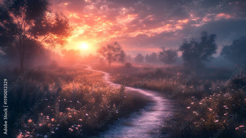 Fototapeta premium Serene sunset over a winding path in a lush landscape with soft lighting.