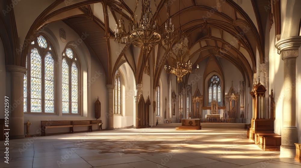 Fototapeta premium Sunlit church interior, serene space