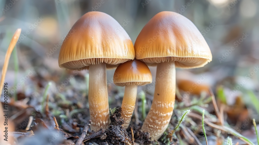 Forest floor mushrooms growing, autumn background. Forest floor mushrooms growing, autumn background.