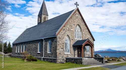 Stone Church by the Sea on a Clear Day, a Serene Coastal Architectural Marvel