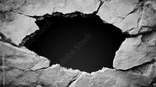 Cracked Concrete Wall: A Black and White Abstract Image of Destruction and Ruin