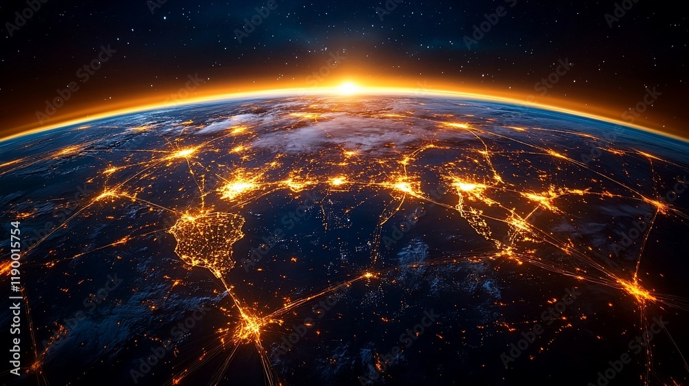 Earth sunrise, city lights, night, space, global connectivity, communication, technology, stock photo Earth sunrise, city lights, night, space, global connectivity, communication, technology, stock photo