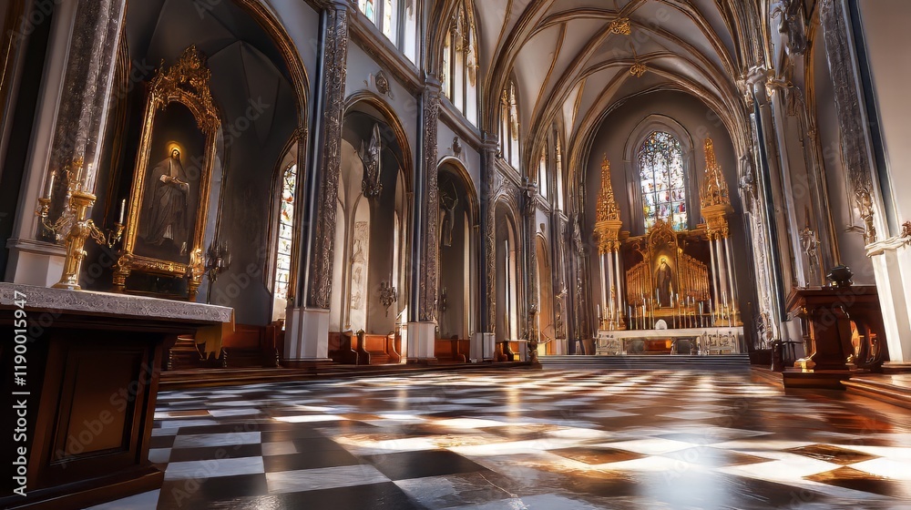 Grand church interior with ornate details Grand church interior with ornate details