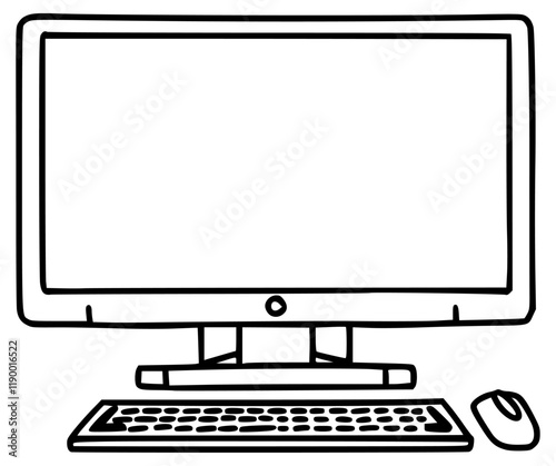 Black and White Cartoon Style Desktop Computer Drawing
