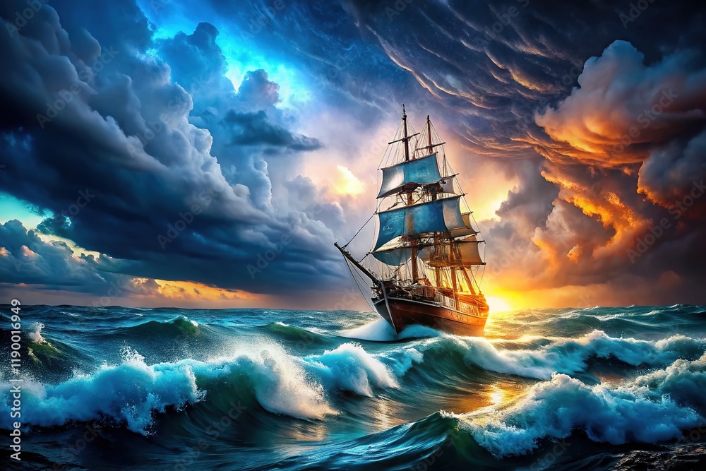 Obraz premium Dramatic Seascape: Ship Battling Tempestuous Waves - High-Resolution Artwork