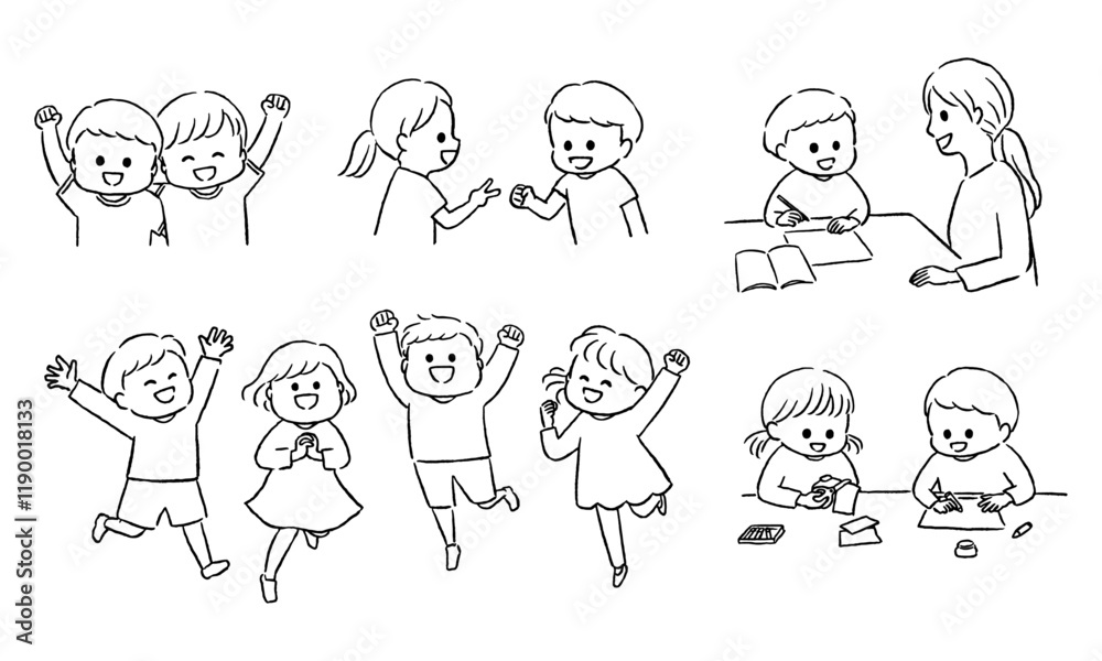 Ensemble d'illustrations manuscrites pour enfants monochromes Ensemble d'illustrations manuscrites pour enfants monochromes