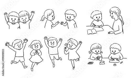 Ensemble d'illustrations manuscrites pour enfants monochromes