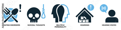 Psychology Icon Set, Eating Disorders, Suicidal Thoughts, Multiple Personality, Hoarding, Hearing Voices, Mental Health Awareness Vector 