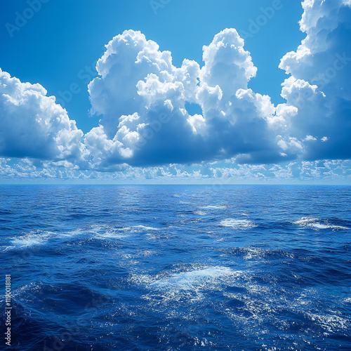 A panoramic view of the ocean horizon with fluffy white clouds photo