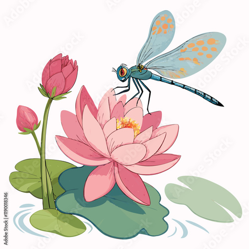 Dragonfly-with-pink-lotus-cartoon-style-on-white