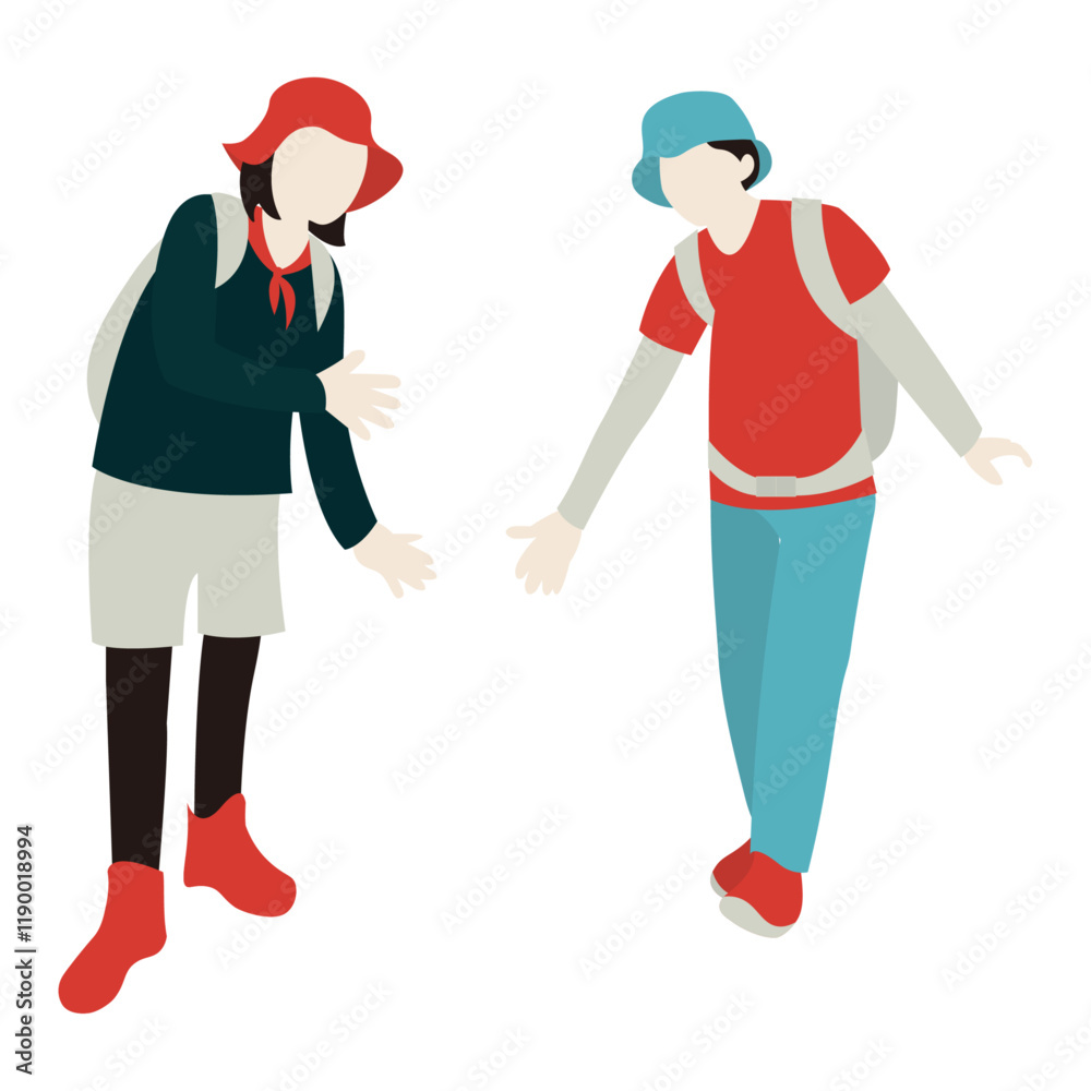 Fototapeta premium Alpinistes s'entraidant. Illustration vectorielle de dessin animé plat. Concept de travail d'équipe. Personnes avec des sacs à dos ou des sacs à dos en randonnée dans les montagnes.